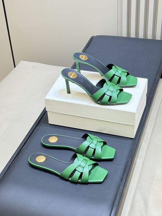 Yves Saint Laurent Woven Leather Square Toe Heeled Slide Sandals