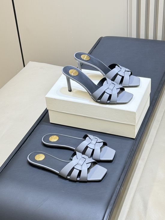 Yves Saint Laurent Woven Leather Square Toe Heeled Slide Sandals