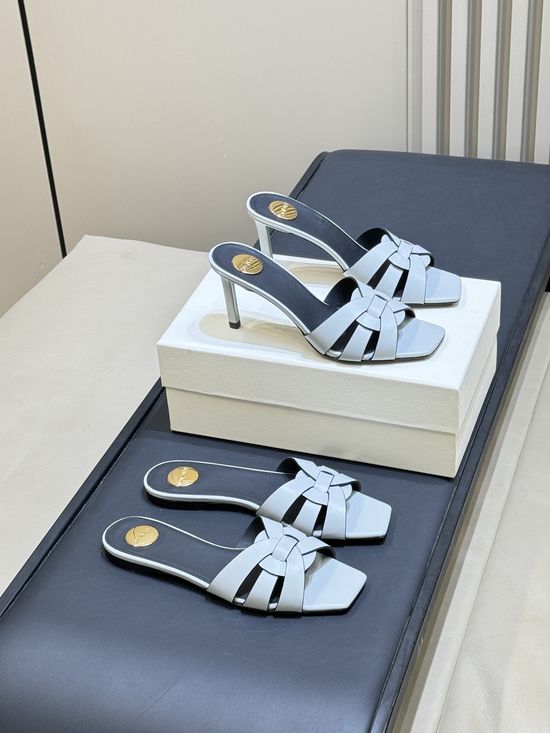 Yves Saint Laurent Woven Leather Square Toe Heeled Slide Sandals
