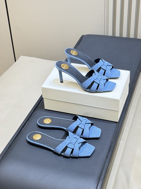 Yves Saint Laurent Woven Leather Square Toe Heeled Slide Sandals