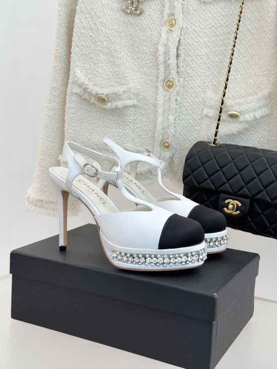 Chanel T Strap Rhinestone Platform High Heel Sandals Elegant Party Shoes