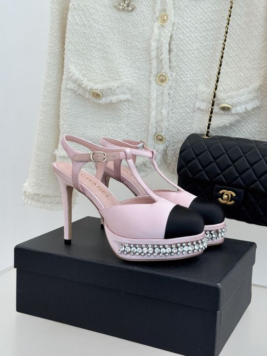 Chanel T Strap Rhinestone Platform High Heel Sandals Elegant Party Shoes