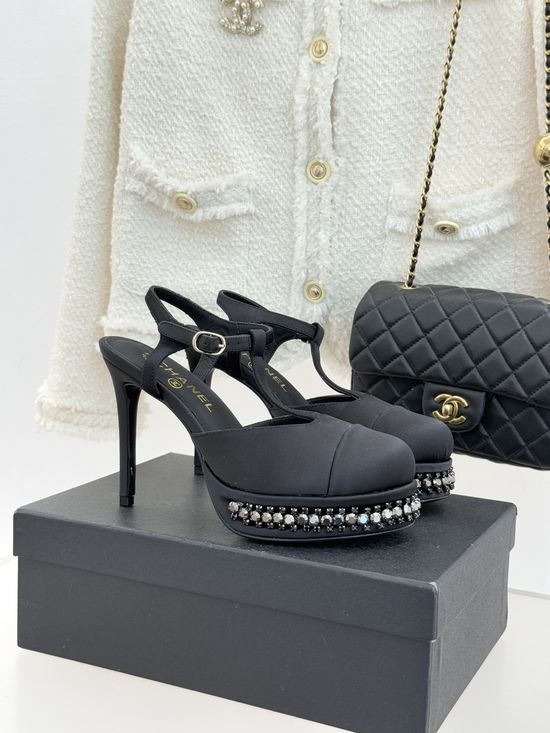 Chanel T Strap Rhinestone Platform High Heel Sandals Elegant Party Shoes