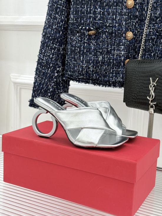 Ferragamo Chic Cross-Strap Block Heel Slippers with Ring