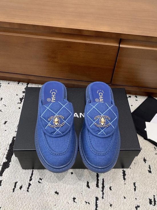 Chanel Classic Buckle Slip On Mules Premium Denim Upper