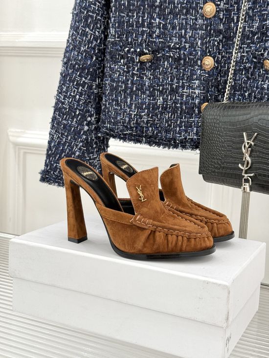 Yves Saint Laurent Minimalist Logo Peep Toe Stiletto Heel Mules