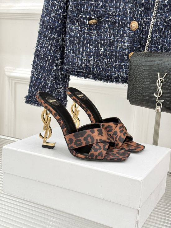Yves Saint Laurent Satin Crisscross Strap Block Heel Slide Sandals