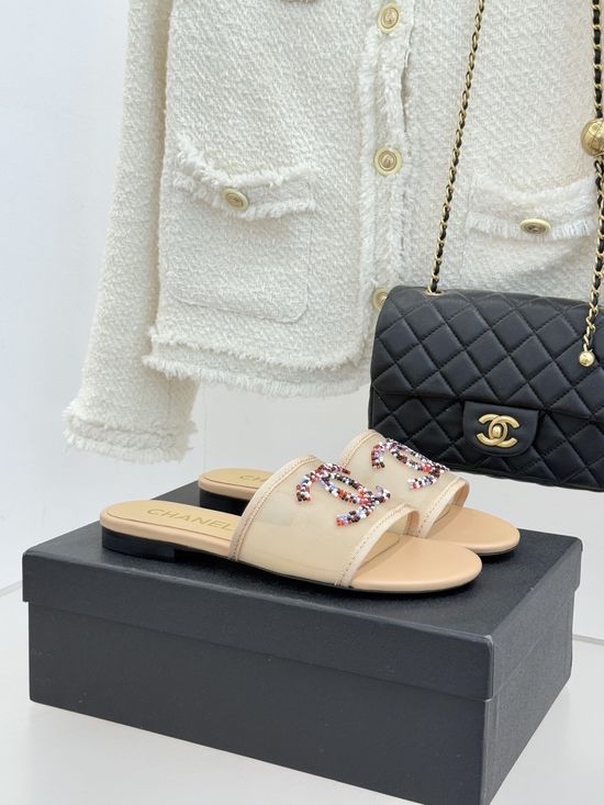 Chanel Rhinestone Decor Mesh Upper Soft Comfortable Slippers