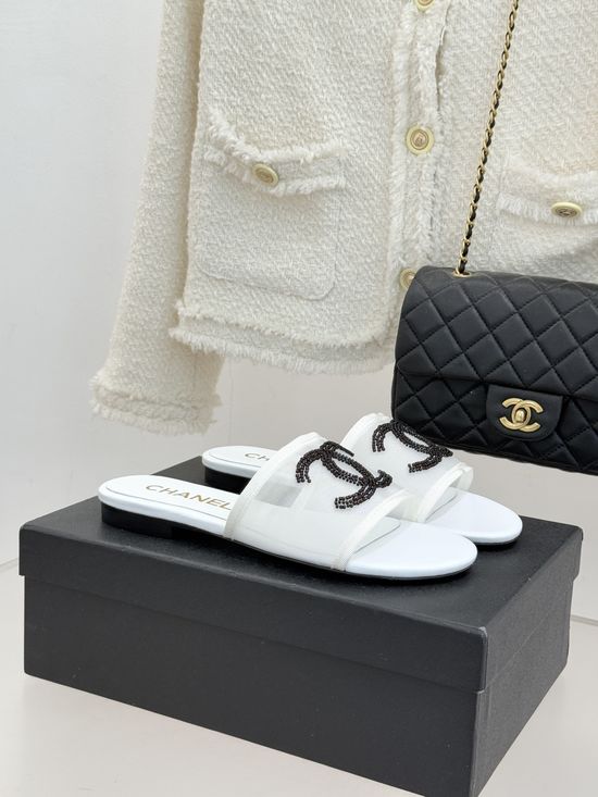 Chanel Rhinestone Decor Mesh Upper Soft Comfortable Slippers