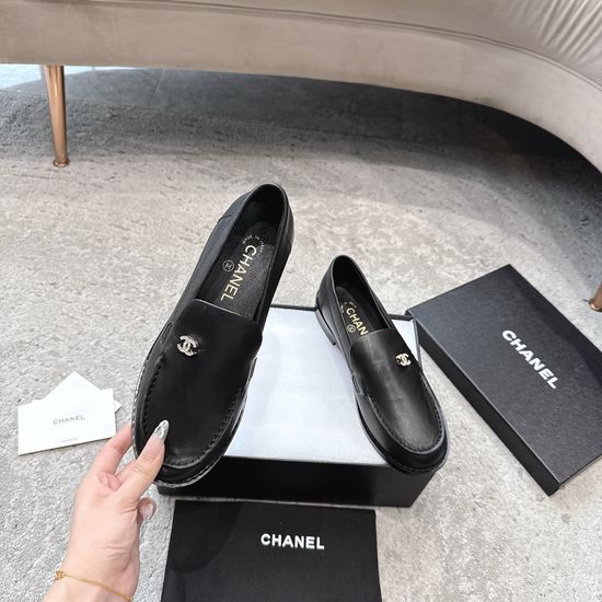 Chanel Rhinestone Buckle Polished Leather Slip On Classic Loafers