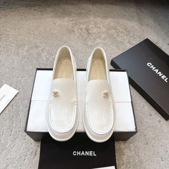 Chanel Rhinestone Buckle Polished Leather Slip On Classic Loafers