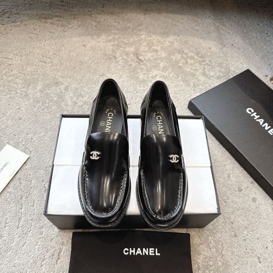 Chanel Rhinestone Buckle Polished Leather Slip On Classic Loafers