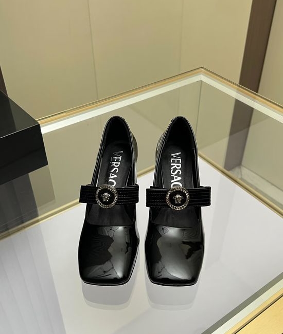 Versace Elegant Square Toe Leather Block Heel Pumps