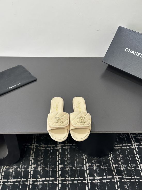 Chanel Genuine Leather Open Toe Casual Flat Slides