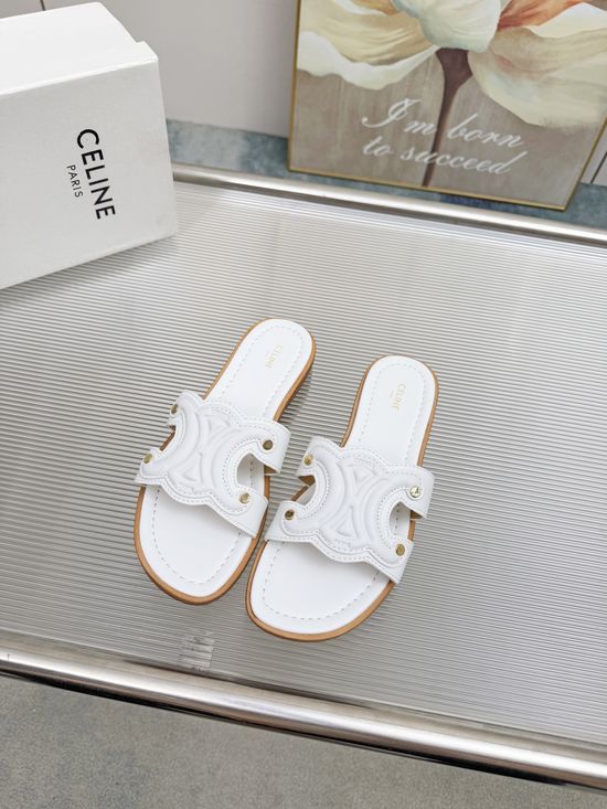 Celine Embossed Logo Cowhide Half Slippers Sheepskin Lining