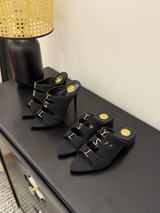 Yves Saint Laurent Elegant Silk Upper Heeled Sandals With Logo Heel