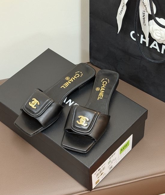 Chanel Lambskin Square Toe Slip On Slide Sandals