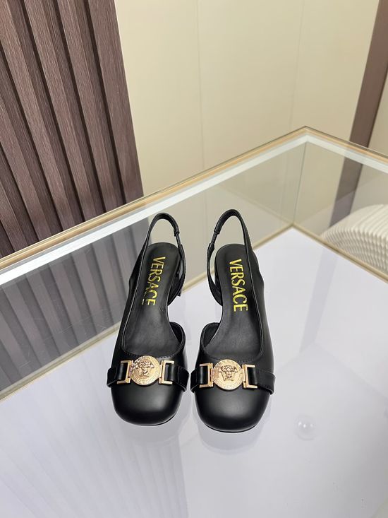 Versace Round Toe Leather Sandals Low Heel Comfortable Daily Wear