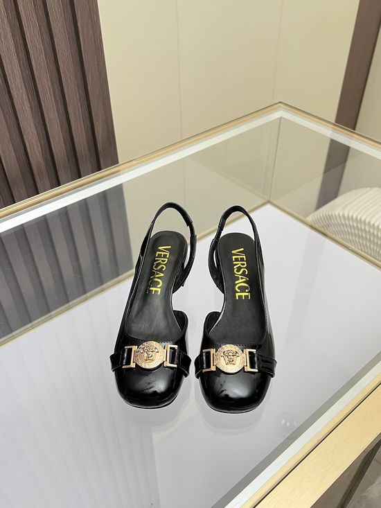 Versace Round Toe Leather Sandals Low Heel Comfortable Daily Wear