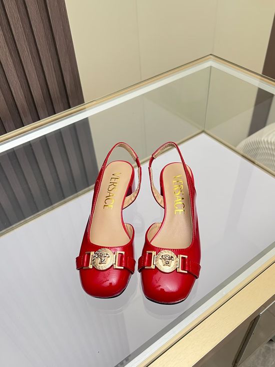 Versace Round Toe Leather Sandals Low Heel Comfortable Daily Wear