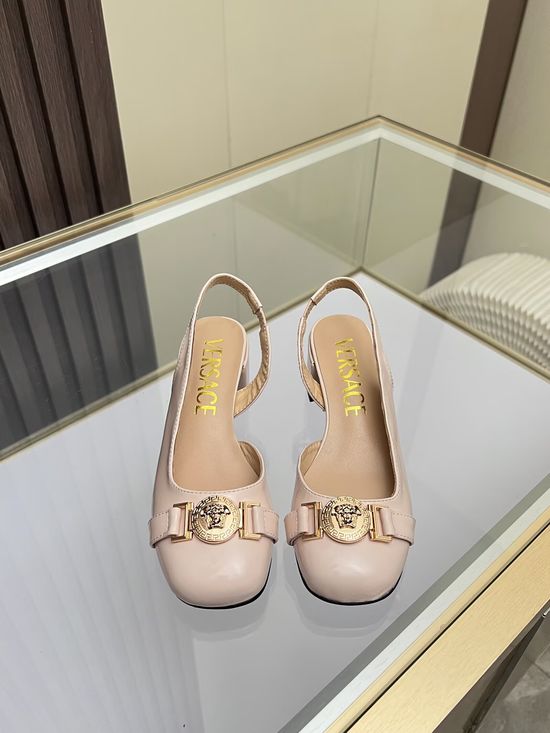 Versace Round Toe Leather Sandals Low Heel Comfortable Daily Wear