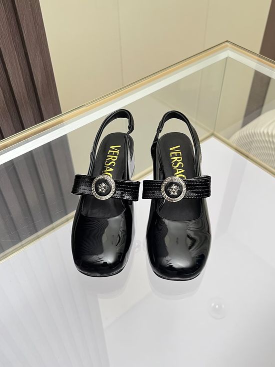 Versace Round Toe Leather Sandals Low Heel Comfortable Daily Wear