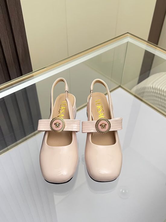 Versace Round Toe Leather Sandals Low Heel Comfortable Daily Wear