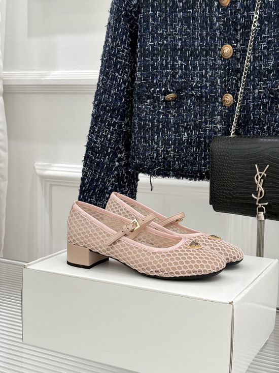 Prada Mesh Cutout Chunky Heel Mary Jane Shoes With Logo Emblem