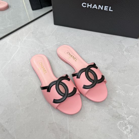 Chanel Logo Decor Leather Upper Comfort Flat Slide Slippers