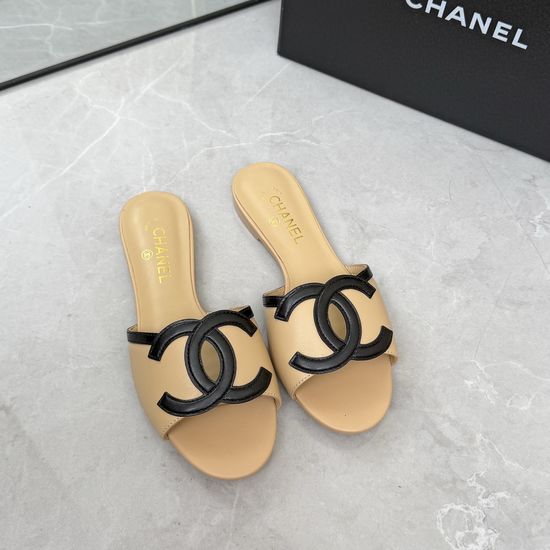 Chanel Logo Decor Leather Upper Comfort Flat Slide Slippers