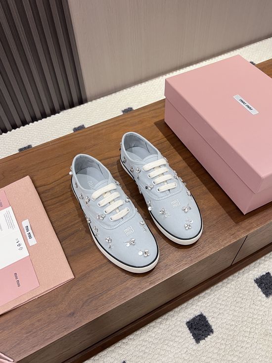 Miu Miu Rhinestone Decor Canvas Casual Flat Comfort Shoes