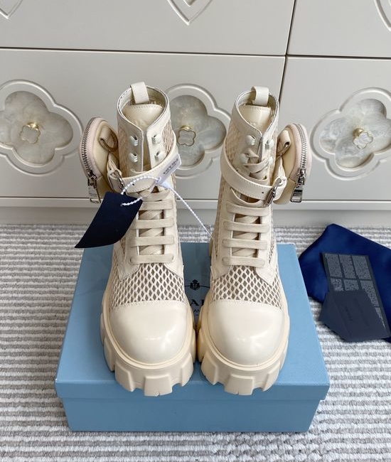 Prada Mesh Leather Chunky Sole Ankle Boots with Removable Pouch