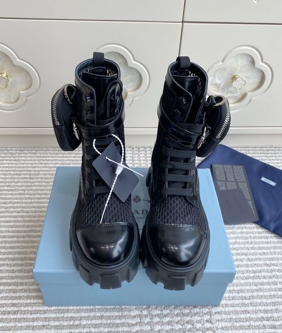 Prada Mesh Leather Chunky Sole Ankle Boots with Removable Pouch