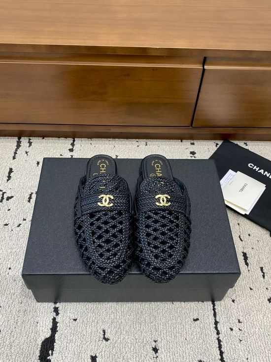Chanel Woven Mule Slippers with Metal Buckle Detail