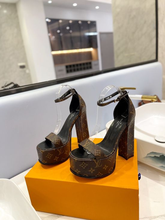 Louis Vuitton Monogram Print Buckle Strap High Heel Sandals