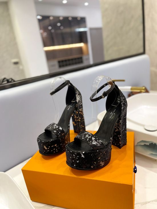 Louis Vuitton Sequined High Heel Sandals with Genuine Leather Lining