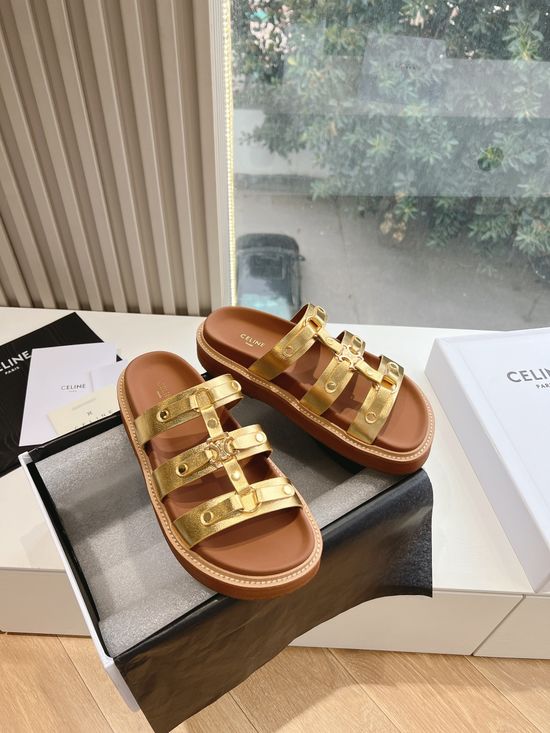 Celine Vintage Style Leather Flat Slide Sandals