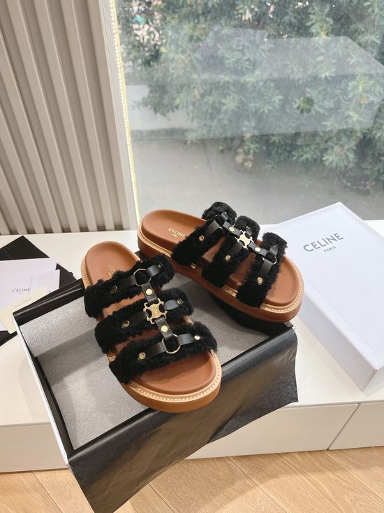 Celine Premium Fur Lined Leather Flat Slide Sandals