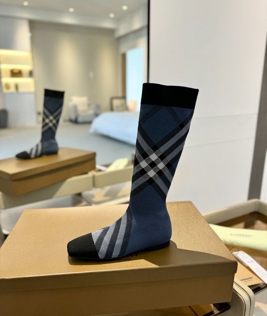 Burberry Plaid Stretch Knit Low Heel Knee High Boots