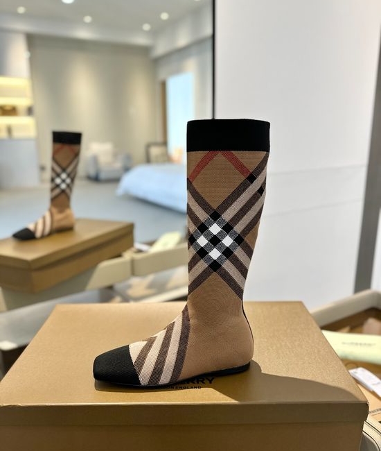 Burberry Plaid Stretch Knit Low Heel Knee High Boots