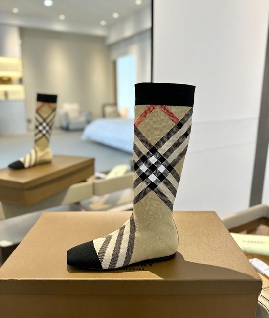 Burberry Plaid Stretch Knit Low Heel Knee High Boots