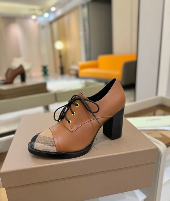 Burberry High Heel Plaid Fabric Shoes Genuine Leather Sole