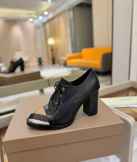 Burberry High Heel Plaid Fabric Shoes Genuine Leather Sole