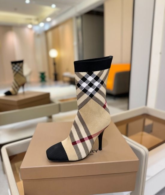 Burberry Plaid Stretch Knit Stiletto Knee High Boots