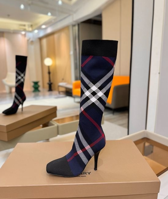 Burberry Square Toe Block Heel Plaid Stretch Knit Knee High Boots