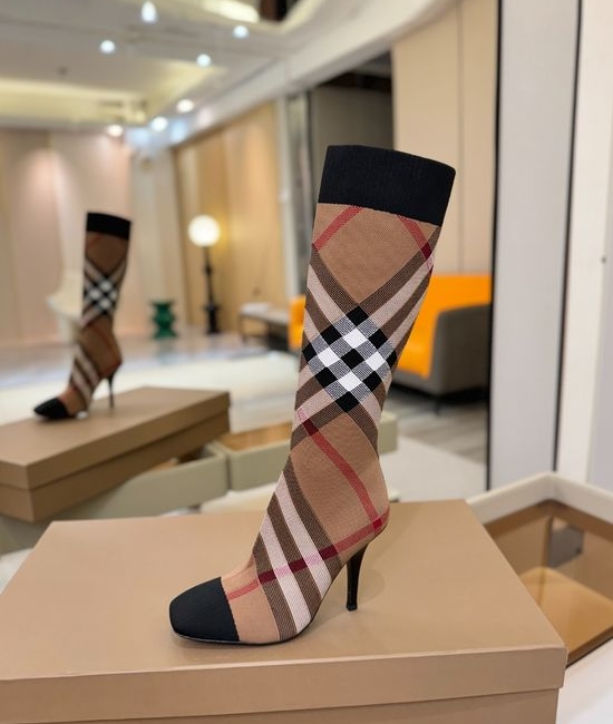 Burberry Square Toe Block Heel Plaid Stretch Knit Knee High Boots