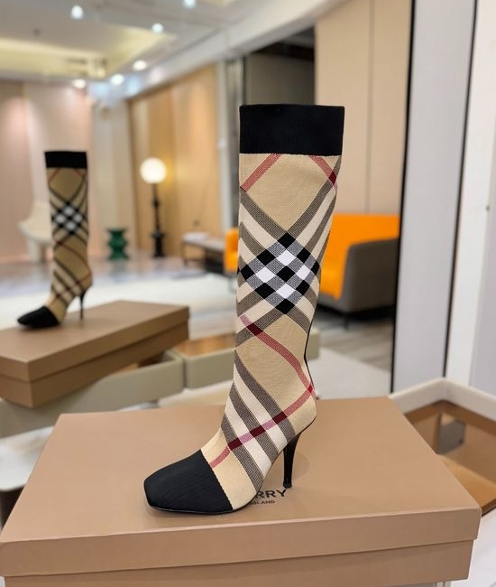 Burberry Square Toe Block Heel Plaid Stretch Knit Knee High Boots
