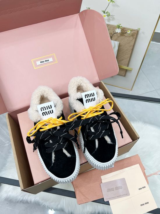 Miu Miu Classic Black White Soft Non Slip Wool Lined Casual Shoes