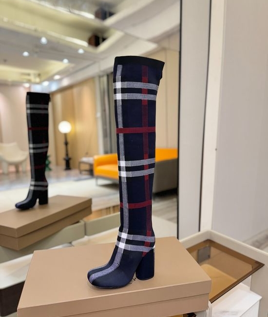 Burberry Round Toe Block Heel Plaid Stretch Knit Knee High Boots