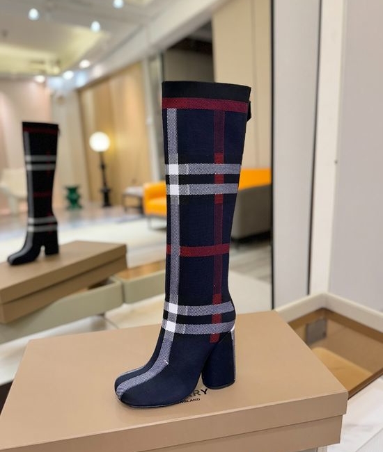 Burberry Round Toe Block Heel Plaid Stretch Knit Knee High Boots
